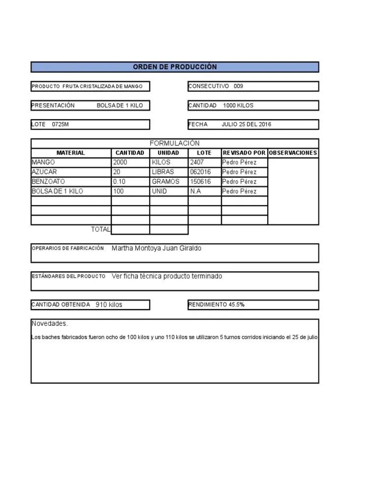 Ejemplo De Una Orden De Produccion