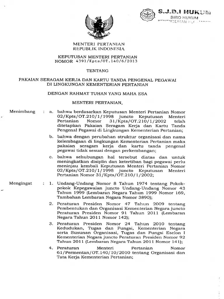 Kepmentan 4391 THN 2013 Pakaian Seragam &amp; Tanda Pengenal | PDF