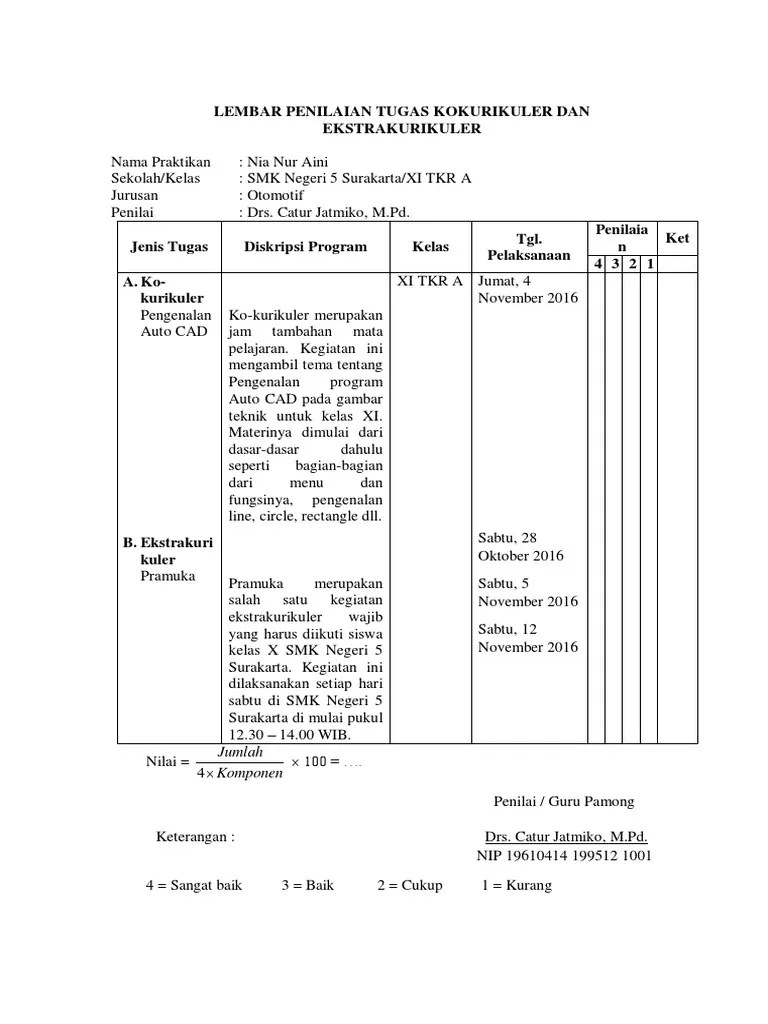 Lembar Penilaian Tugas Kokurikuler Dan Ekstrakurikuler
