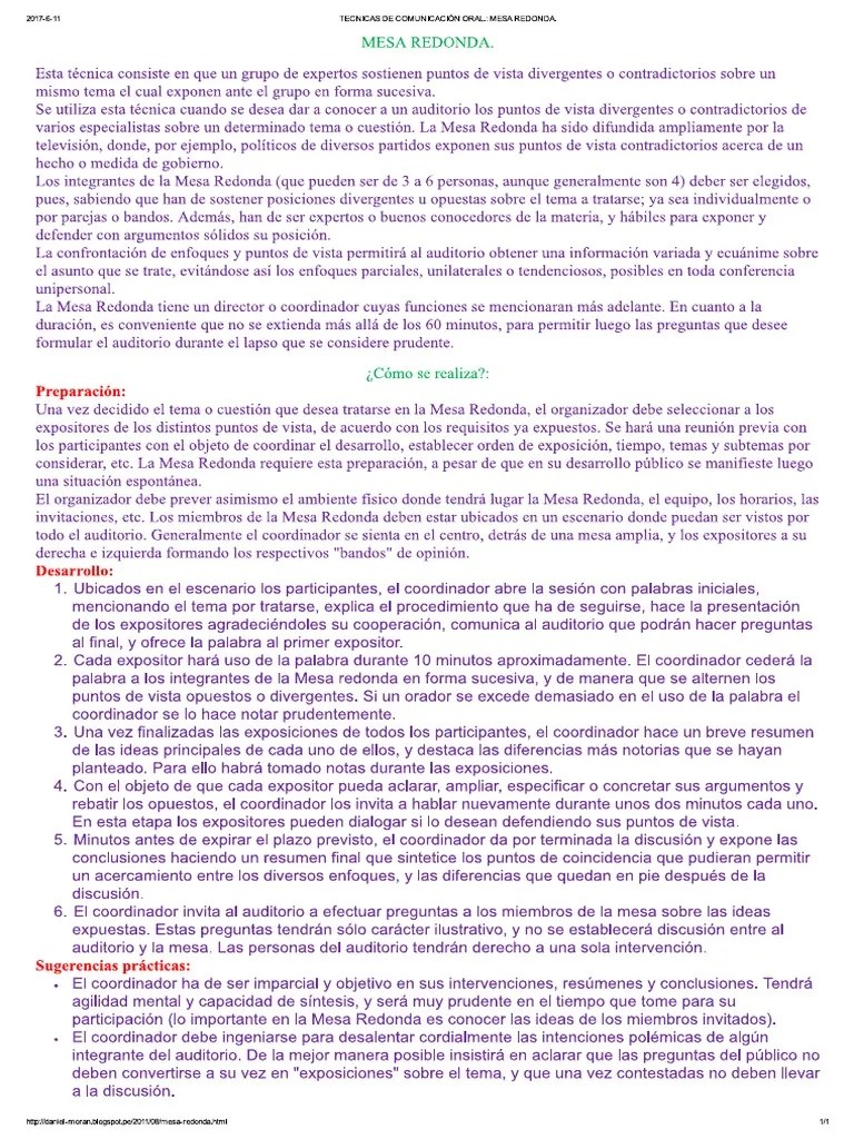 Tecnicas de Comunicación Oral. Mesa Redonda