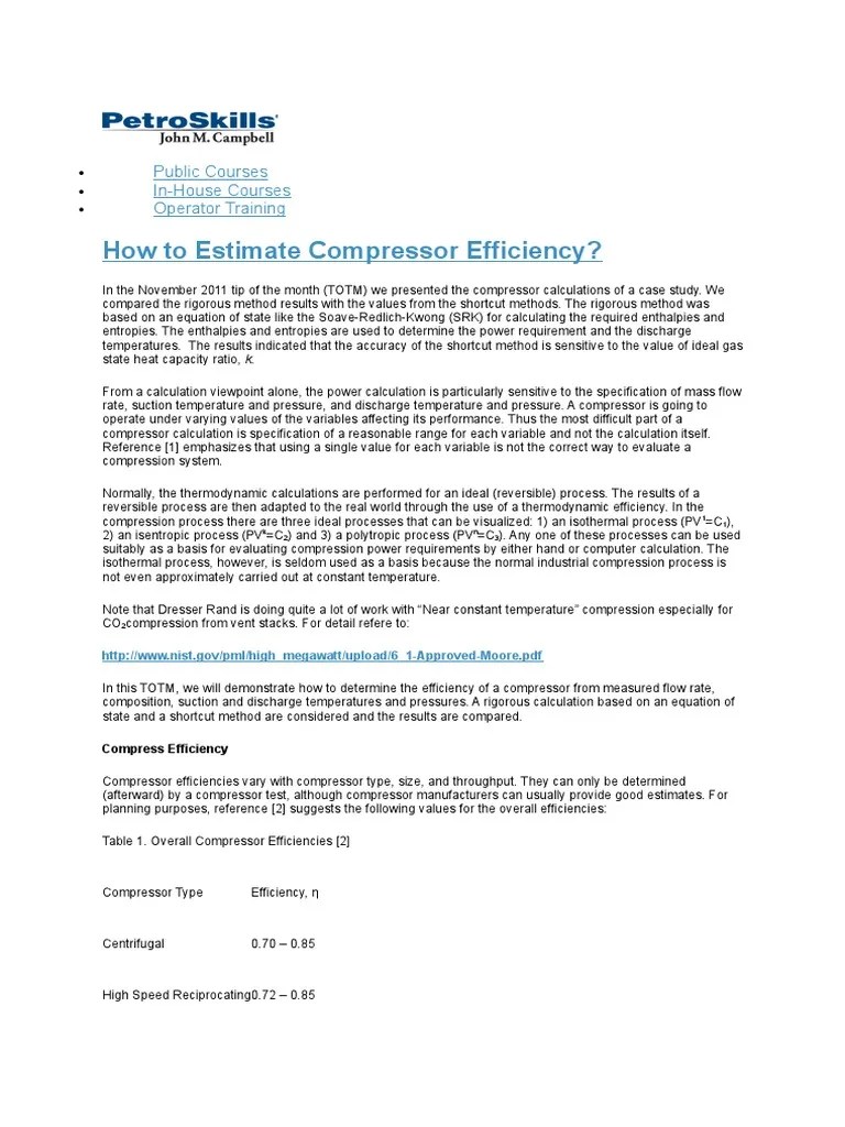 Compressor Efficiency Calculation PDF Enthalpy Statistical Mechanics
