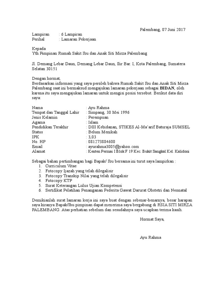 Surat Lamaran Kerja Di Rumah Sakit Sebagai Bidan Seputaran Rumah