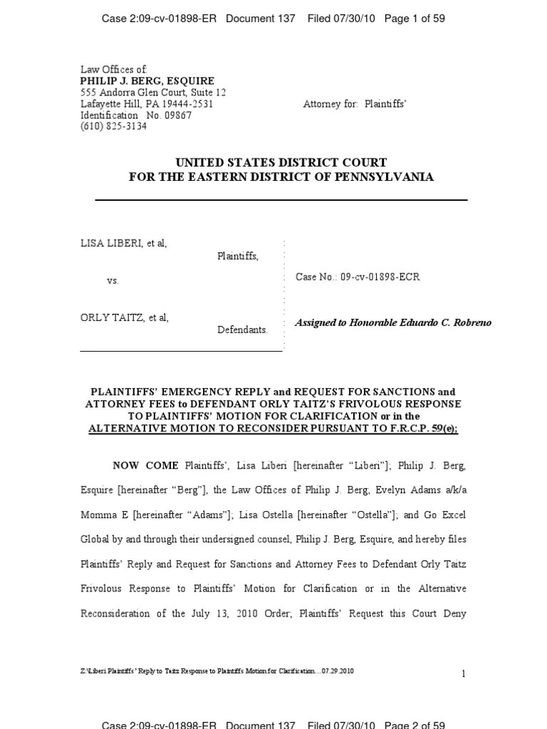 LIBERI V TAITZ (EASTERN DISTRICT of PA) 137 REPLY To Response To Motion Paed15308057603.