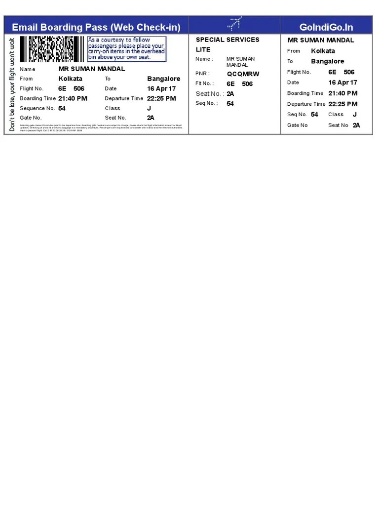 Email Boarding Pass ( Check In) Goindigo in PDF Airlines