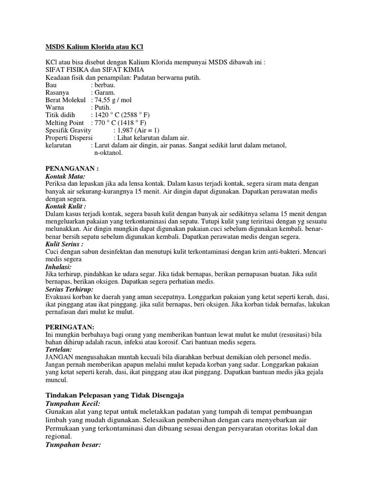 MSDS Kalium Klorida Atau KCl