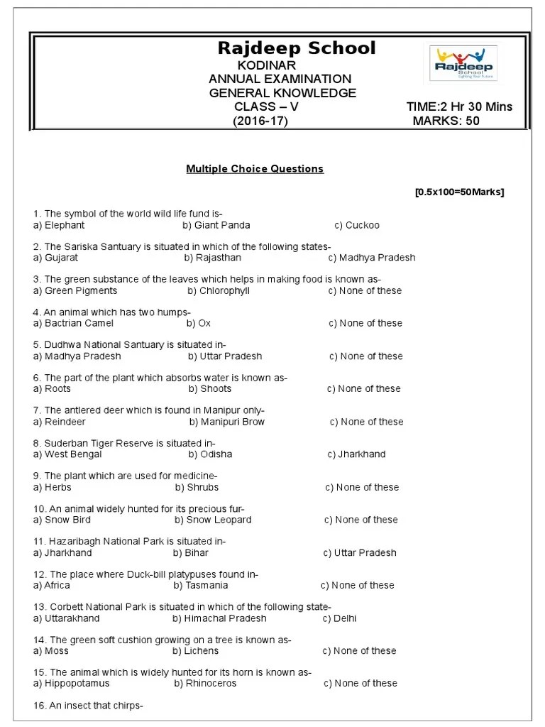 Annual Question Paper for 5th Class(G.K) Nature