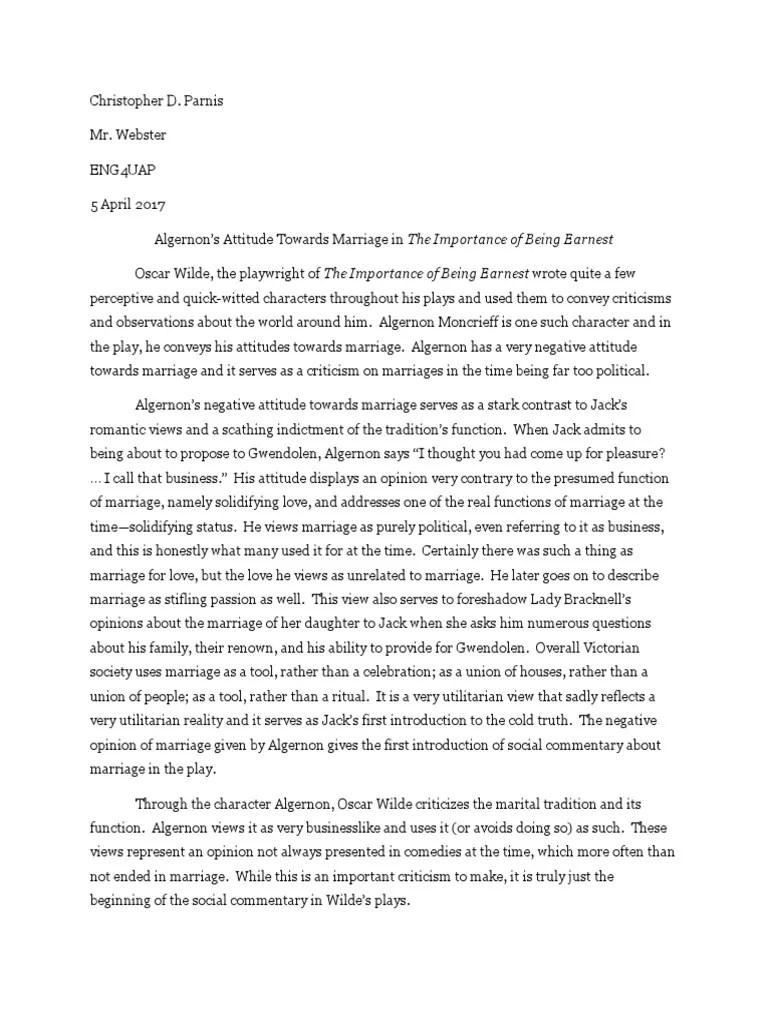 Algernon’s Attitude Towards Marriage in The Importance of Being Earnest