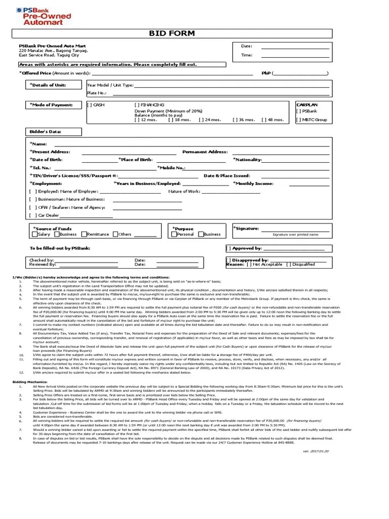 PSBank Auto Mart Bid Form_2017 01 205197acac27e740898ba3
