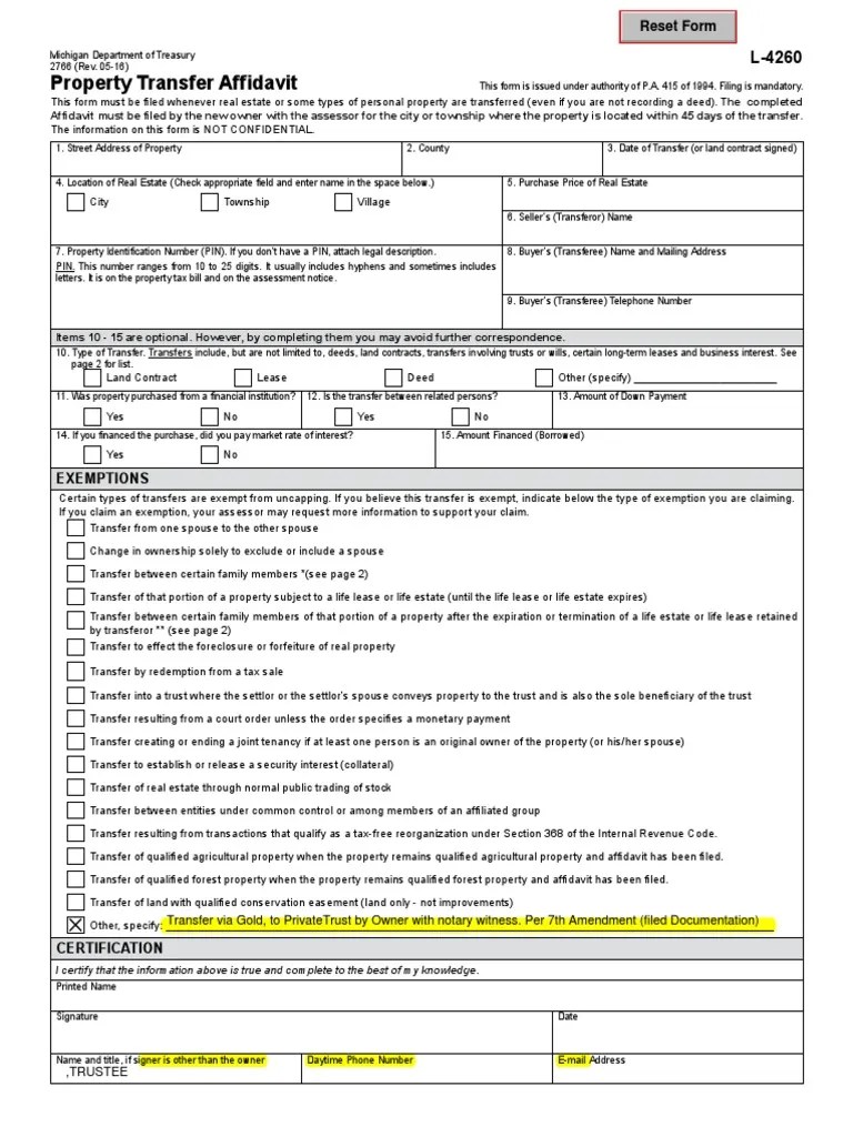 Form 2766 Affidavit of Property Transfer Lease Real Property Law