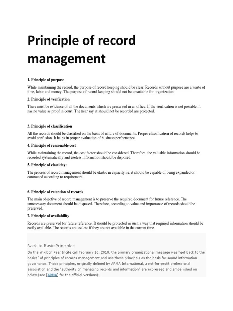 Principle of Record Management PDF Records Management Information