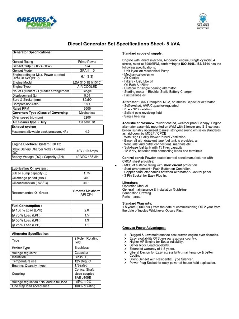 Diesel Generator Set Specifications Sheet5 kVA Engines Diesel Engine