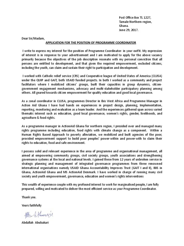 Cover Letter Programme Coordinator Nigeria Empowerment Governance