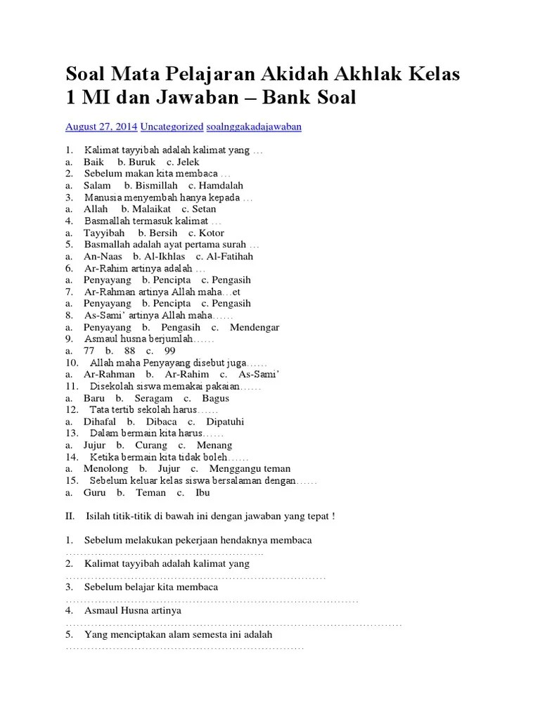 Perhatikan pernyataan berikut ini : Soal Mata Pelajaran Akidah Akhlak Kelas 1 Mi Dan Jawaban