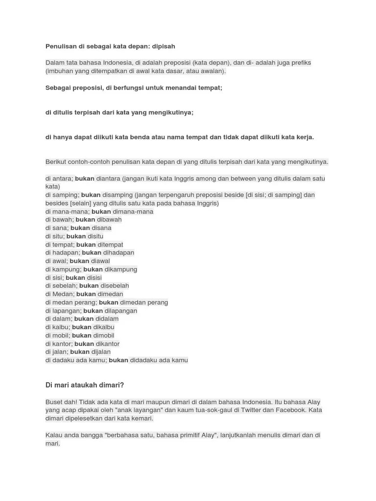 Contoh Kata Depan