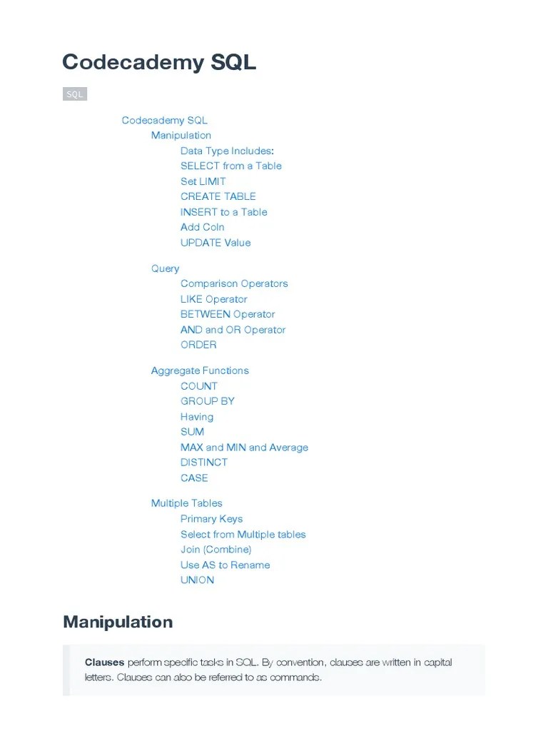 Codecademy SQL PDF Sql Software Engineering