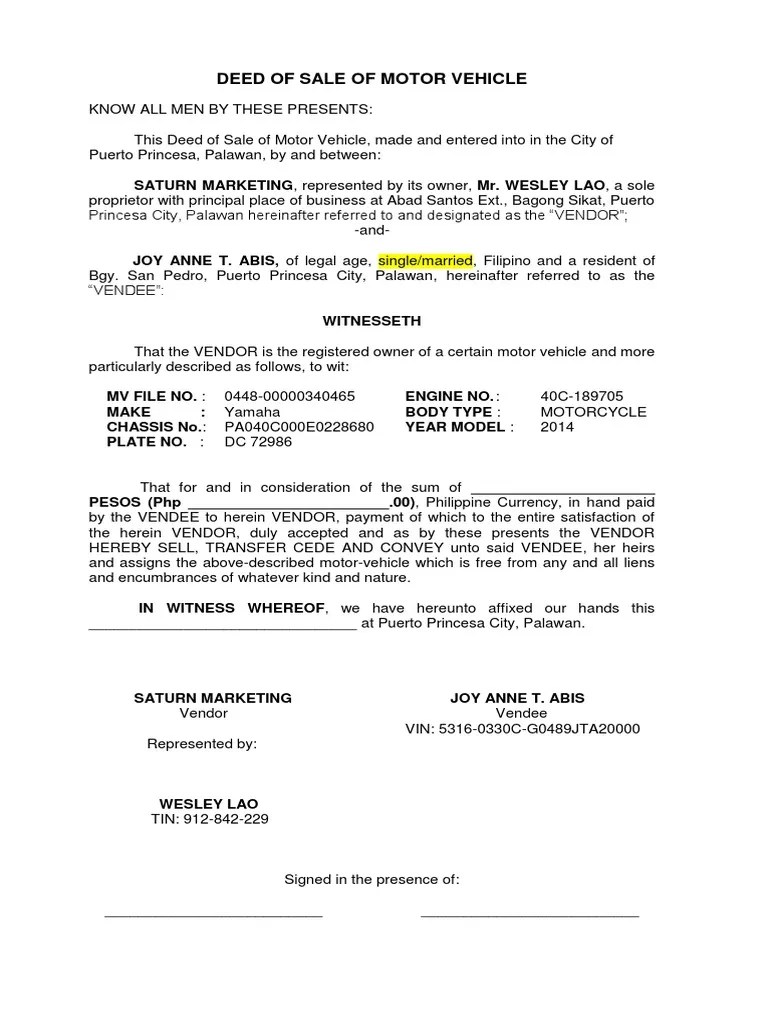 Sample Deed of Sale of Motor Vehicle Motor Vehicle Transport