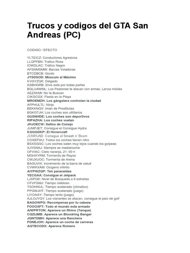 Trucos y Codigos Del GTA San Andreas PDF Ocio