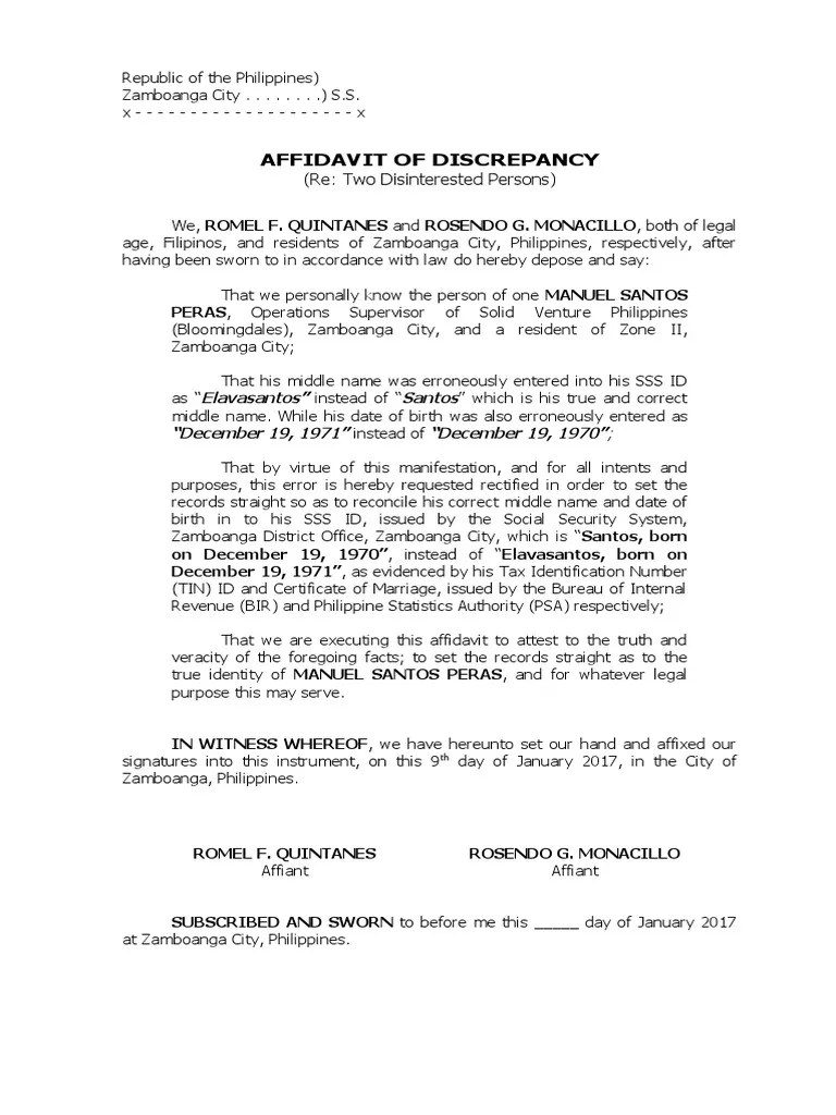 Affidavit Of Discrepancy (Re Two Disinterested Persons)