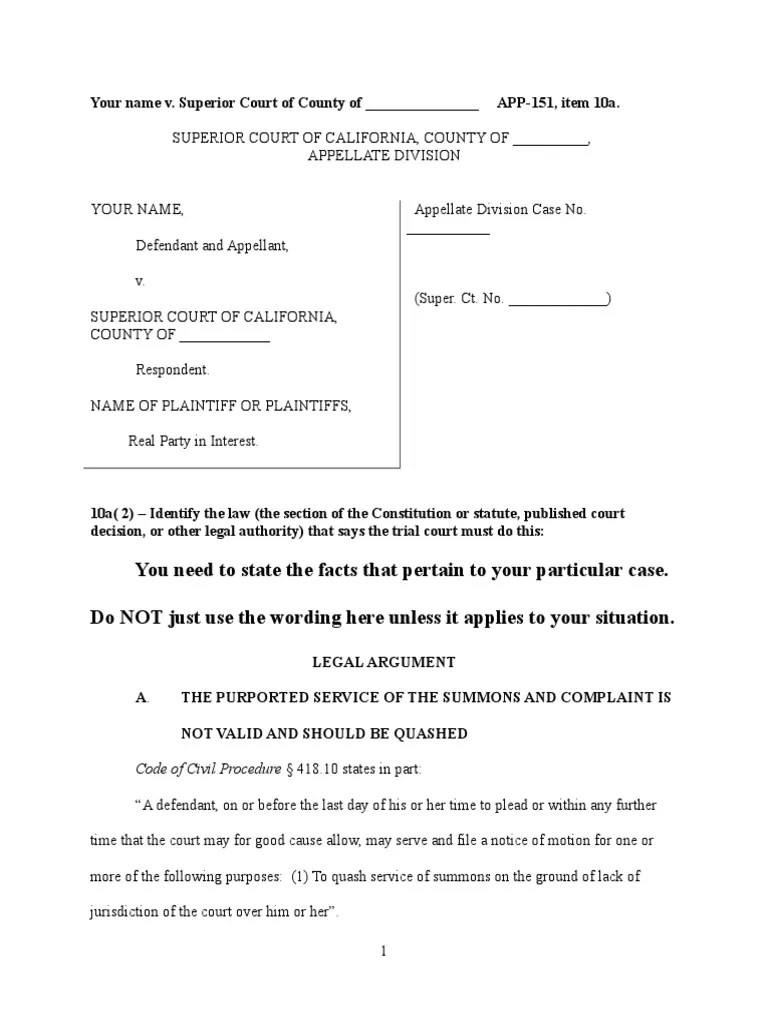 Sample Petition for Writ of Mandate to appeal denial of motion to quash
