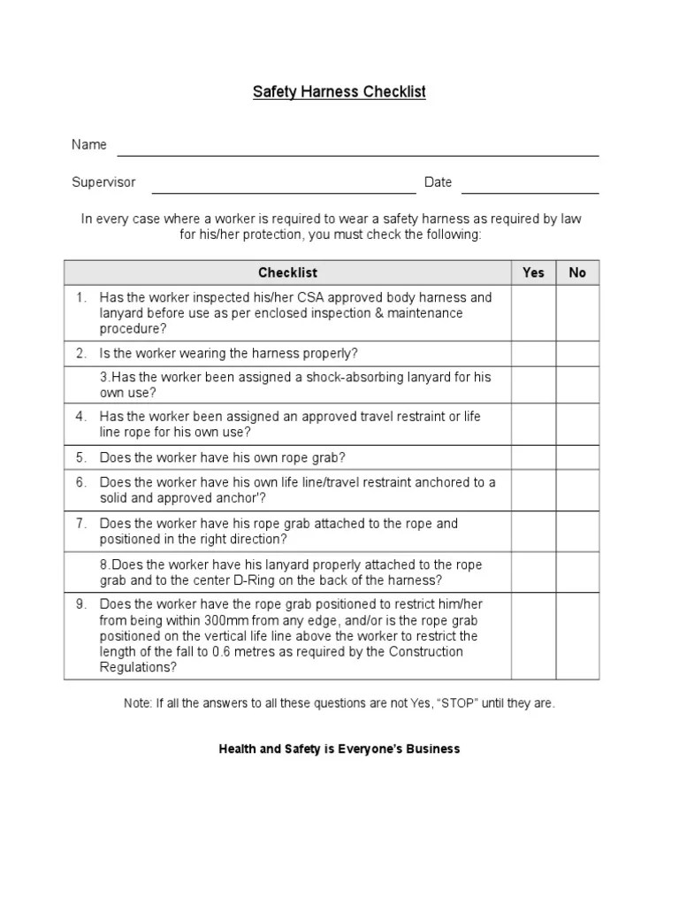 Safety Harness Checklist