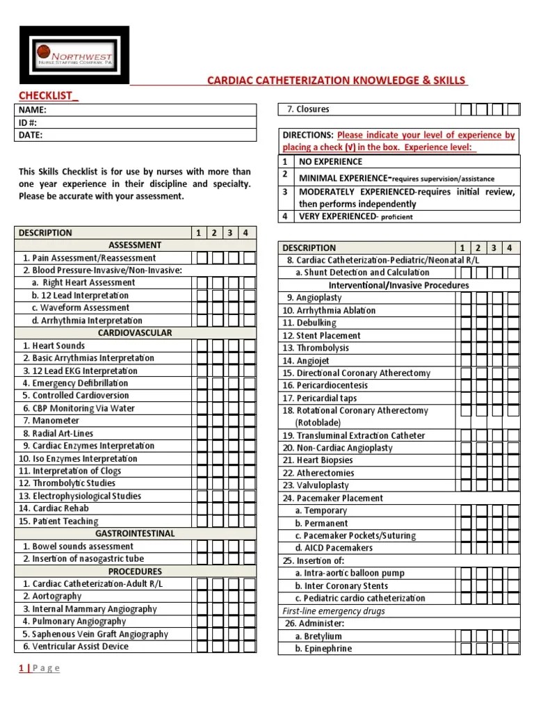 Cardiac Catheterization Knowledge & Skills Checklist Heart Catheter