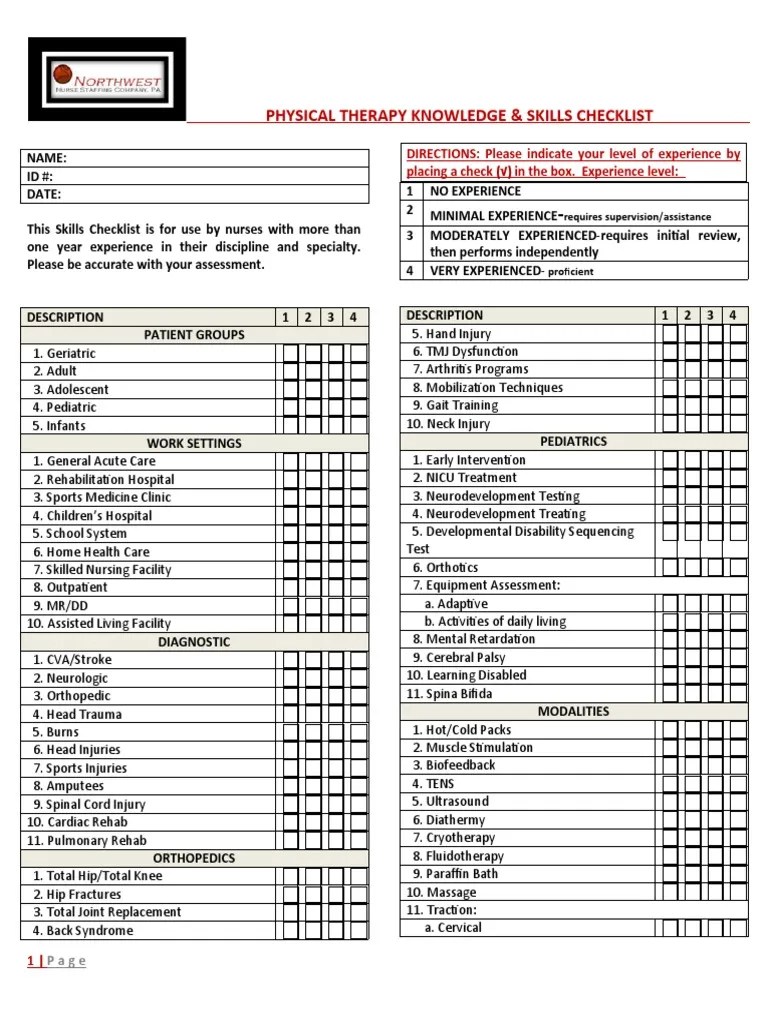 Physical Therapy Skills Checklist PDF Physical Therapy Medicine