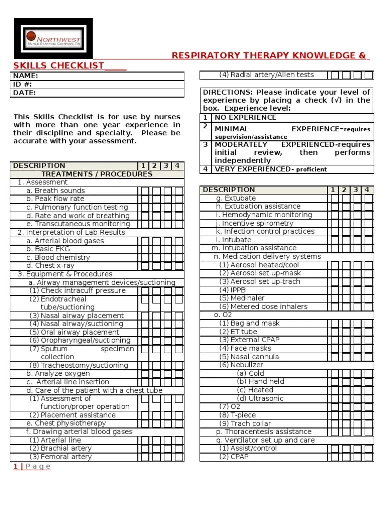Respiratory Therapy Skills Checklist Respiratory System Medical
