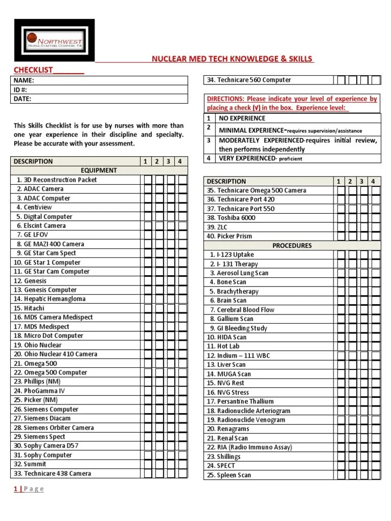 Nuclear Med Tech Skills Checklist Nuclear Medicine Infants