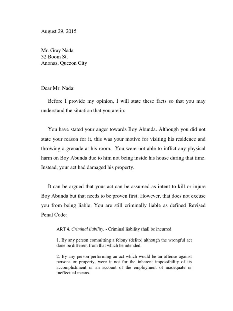 Letter of Legal Advice Example Intention (Criminal Law) Crime