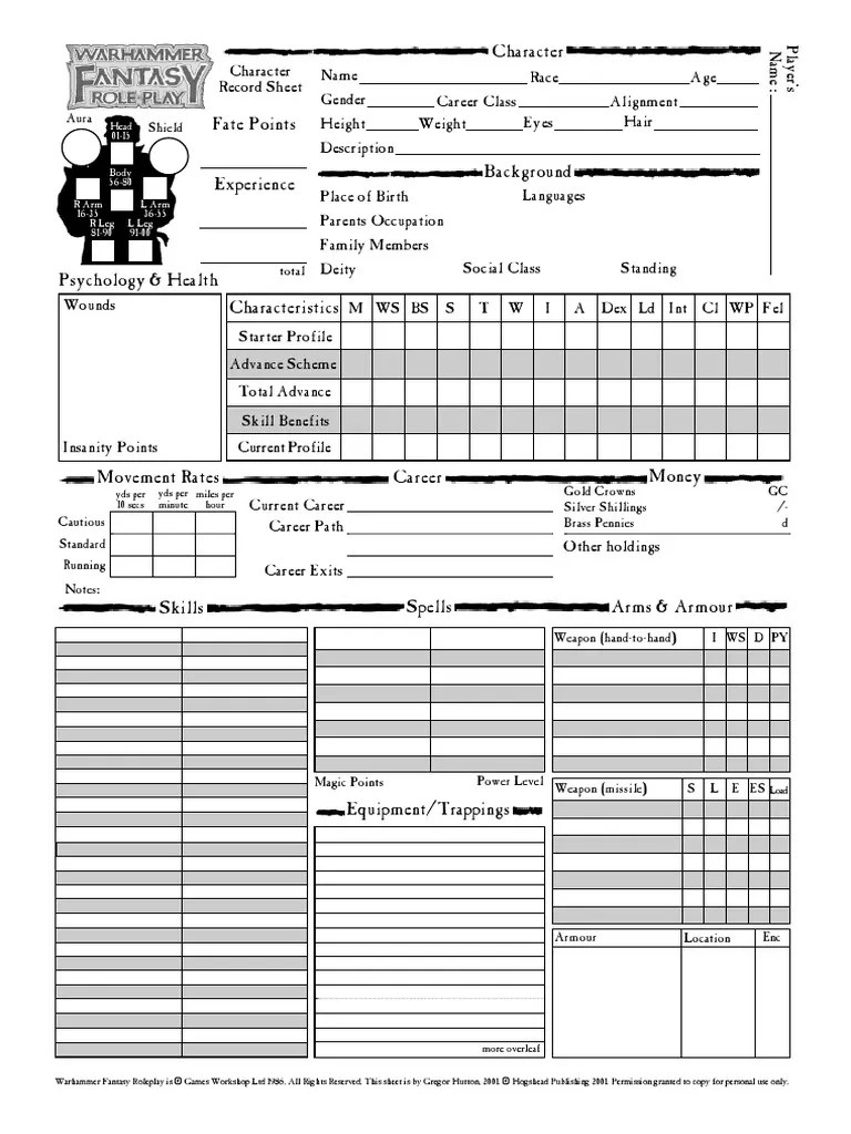Warhammer FRP Character Sheet 1st Ed PDF