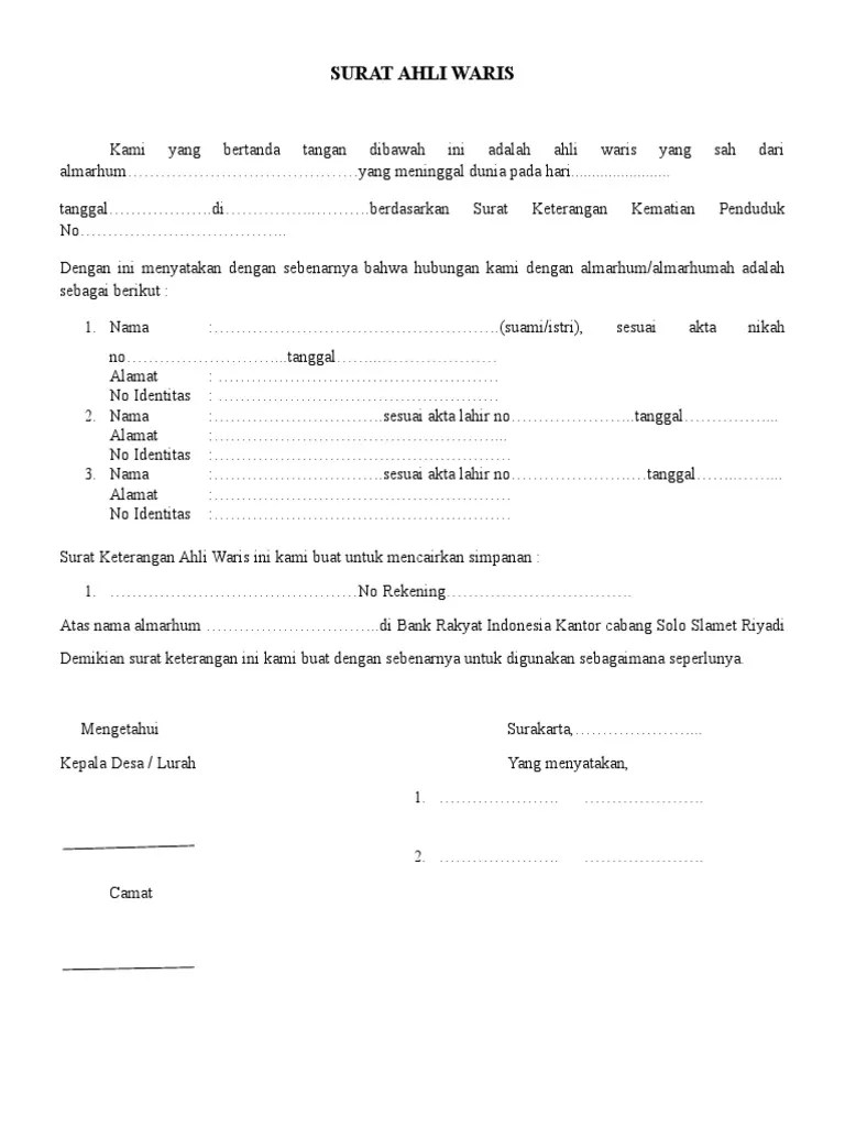 Fotokopi buku nikah/akta nikah apabila yang bersangkutan sudah menikah 8. Kematian Contoh Surat Keterangan Ahli Waris Nusagates