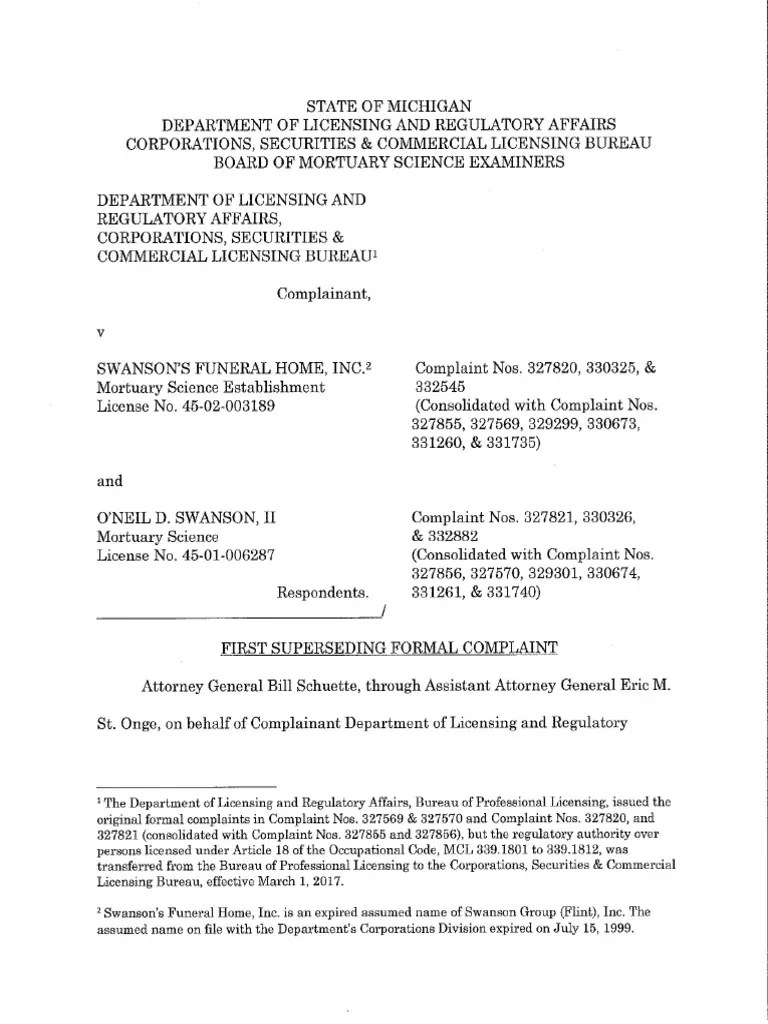 Formal Complaint Against Swanson Funeral Home in Flint Michigan PDF