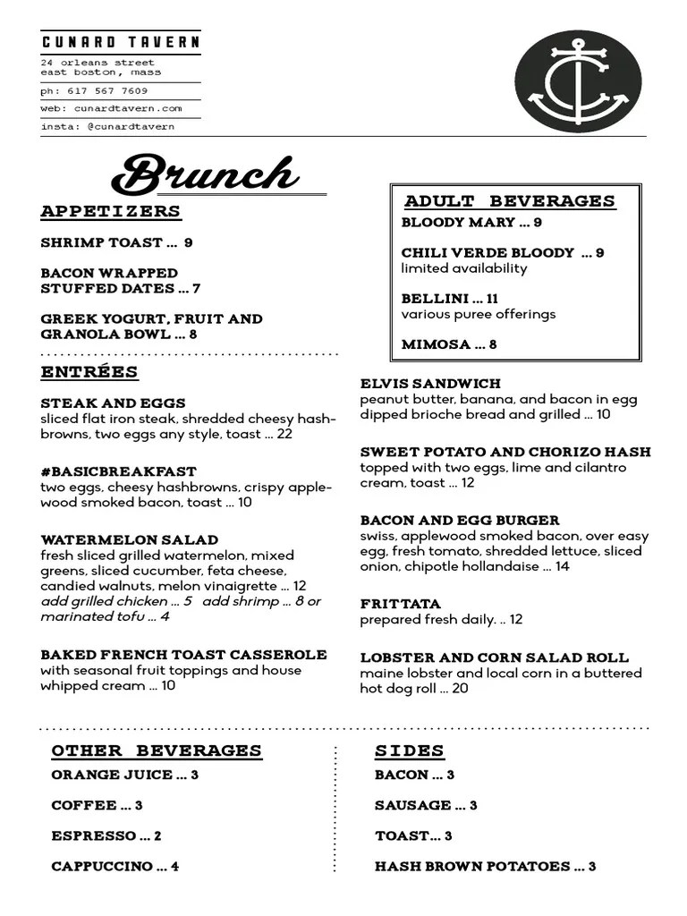 Cunard Tavern Brunch Menu