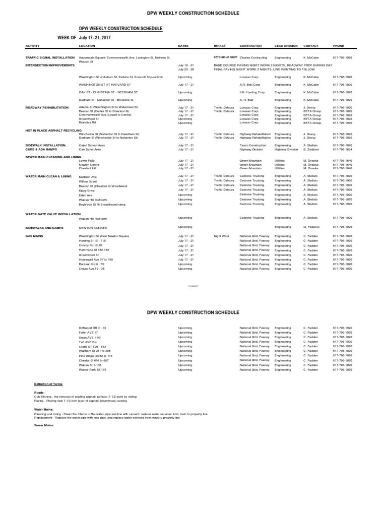 Dpw Weekly Construction Schedule WEEK OF July 1721, 2017