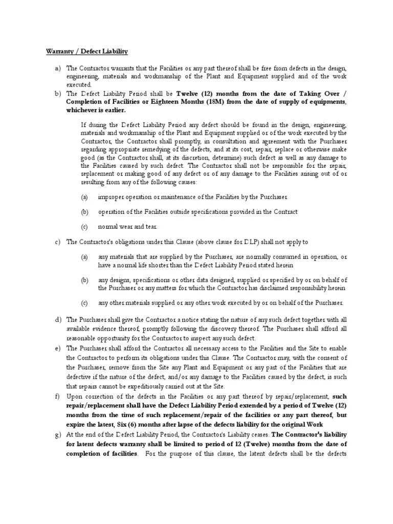 Warranty and Defect Liability Period for Service Contract Indemnity Civil Law (Legal System)