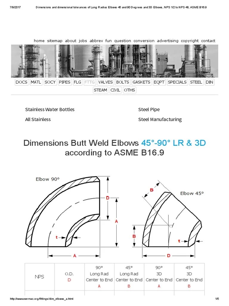 Dimensions and Dimensional Tolerances of Long Radius Elbows 45 and 90 Degrees and 3D Elbows, NPS