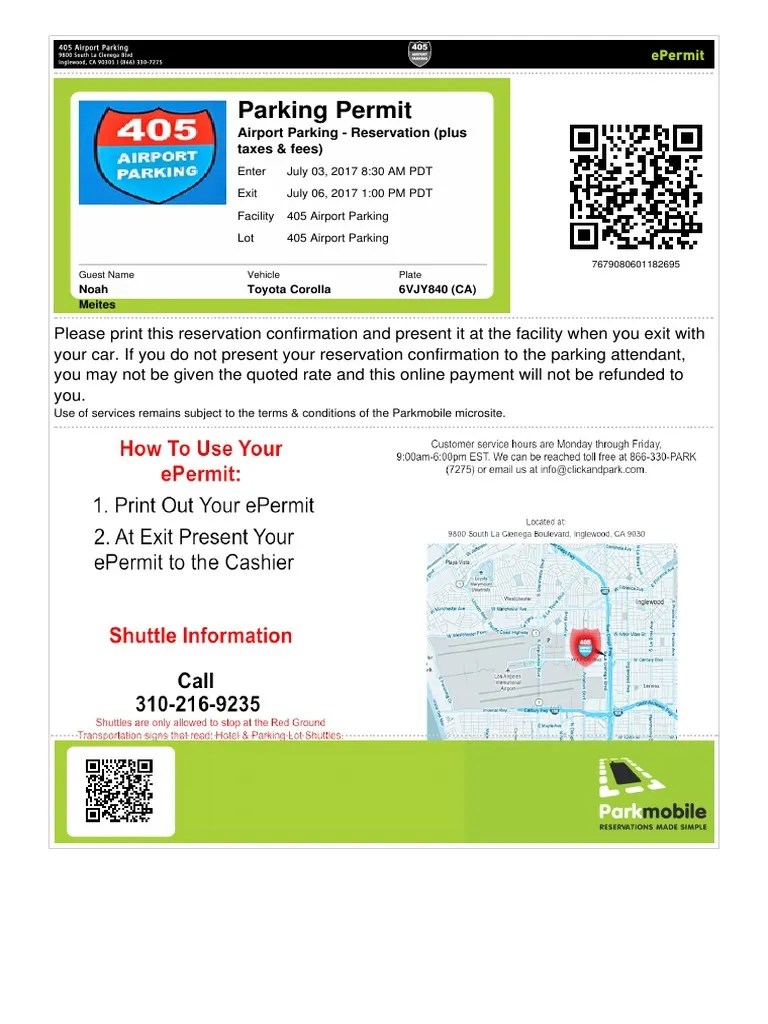 Parking Permit Airport Parking Reservation (Plus Taxes & Fees) PDF
