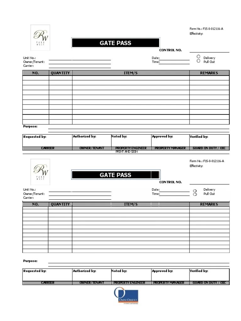 Gate Pass Official Form New PDF