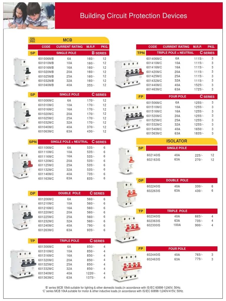MCB Price List Electrical Engineering Components