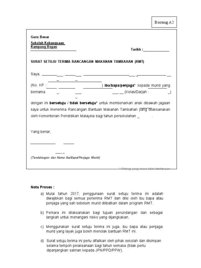 Contoh Surat Setuju Terima Tender Kantin / Kenyataan Tawaran Tender