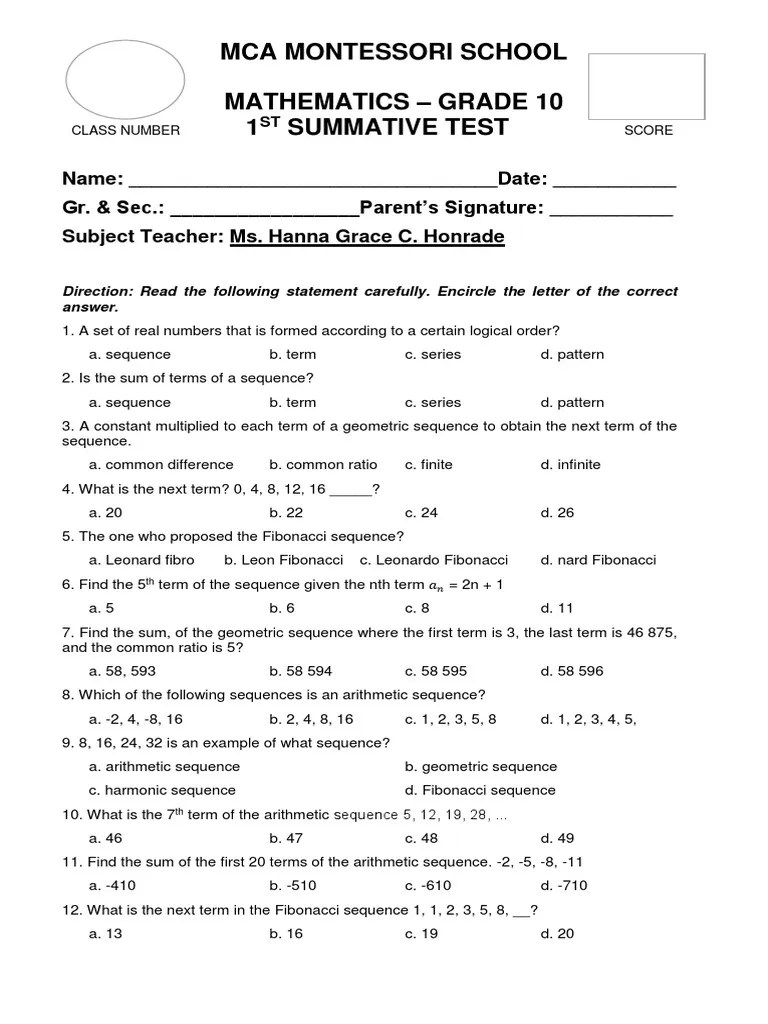 1st Summative Test Grade 10 Sequence Arithmetic Mean