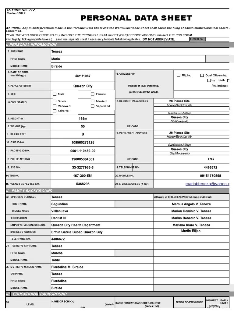 CS Form No. 212 Revised Personal Data Sheet Sample Form Passport