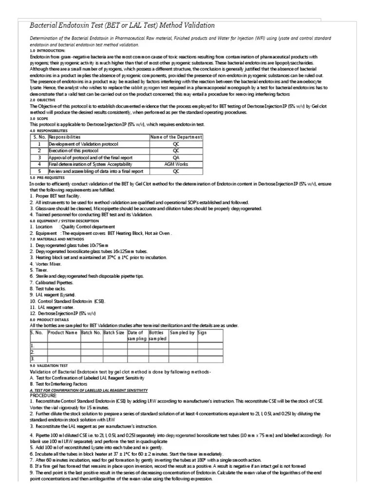 Bacterial Endotoxin Test (BET or LAL Test) Method Validation Pharmaceutical Guidelines
