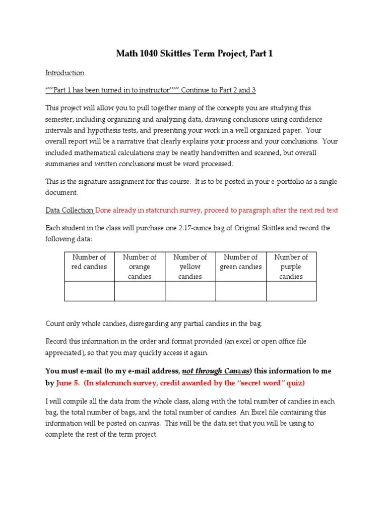 Math 1040 Term Project Skittles 2 PDF Statistical Hypothesis Testing Categorical Variable