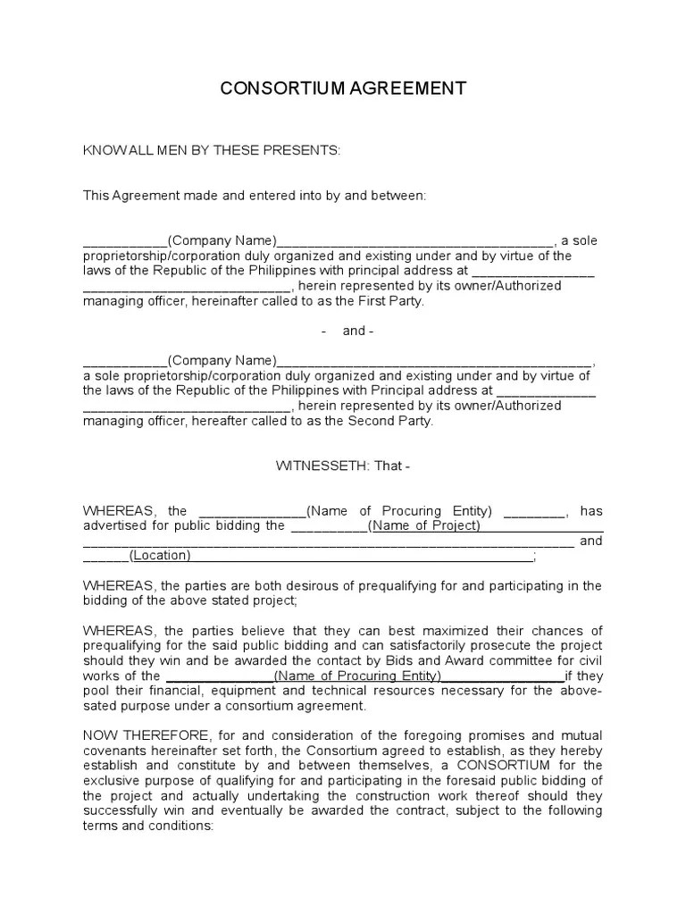 Template for Consortium Agreement Construction Bidding Private Law