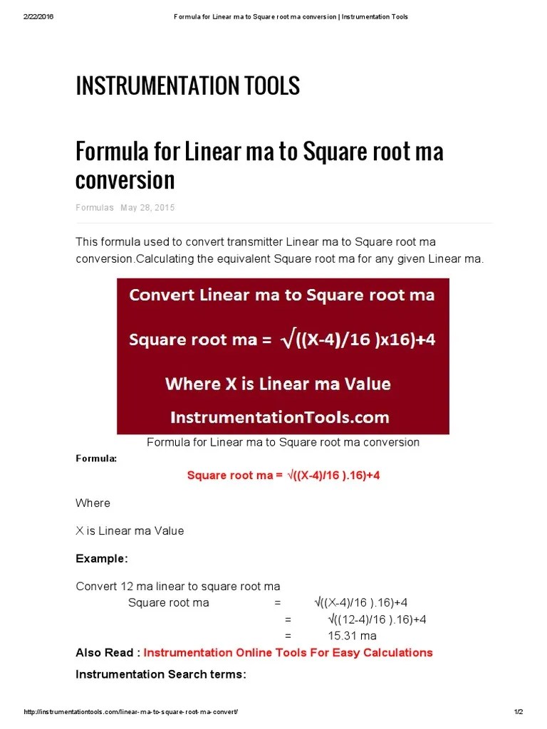 Formula for Linear Ma to Square Root Ma Conversion