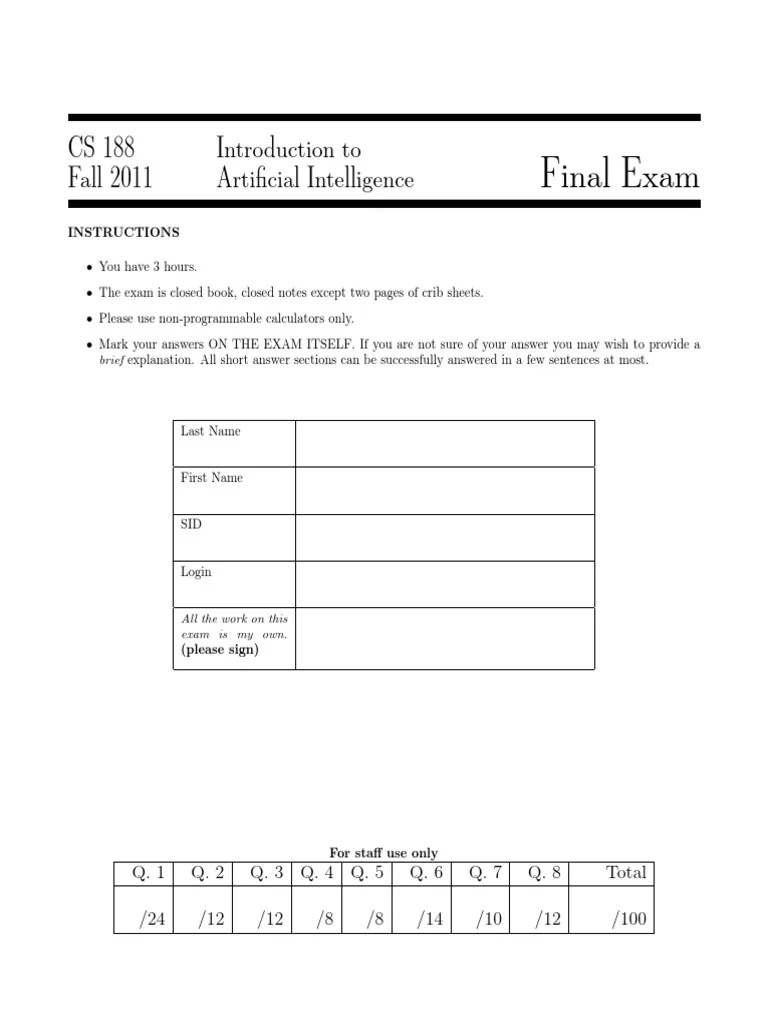 CS 188 Introduction to Artificial Intelligence Final Exam PDF