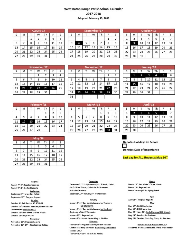 west baton rouge parish school calendar 2017 2018 adopted 2 15