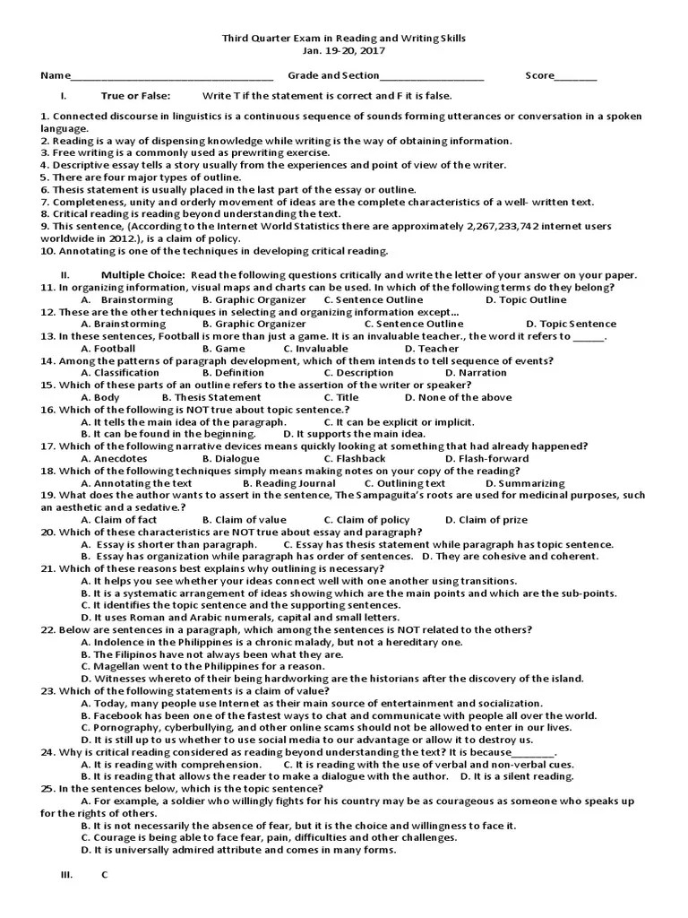 Third Quarter Exam in Reading and Writing Skills Test (Assessment