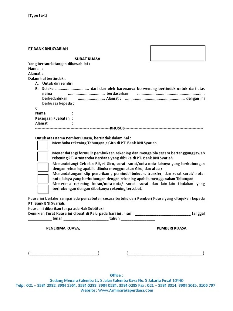 Surat Kuasa - Kerjasama DGN Bank BNI | PDF